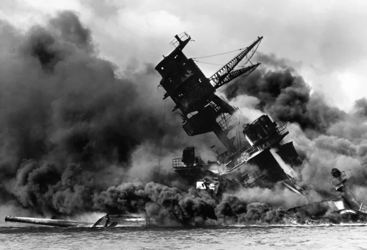 USS Arizona on fire