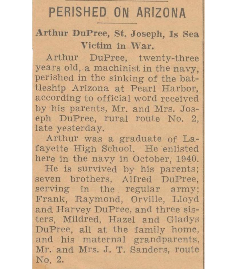 Arthur Dupree Newspaper Clipping