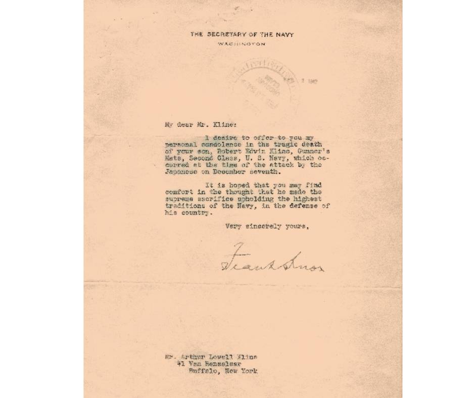Frank Knox Letter to Kline Family